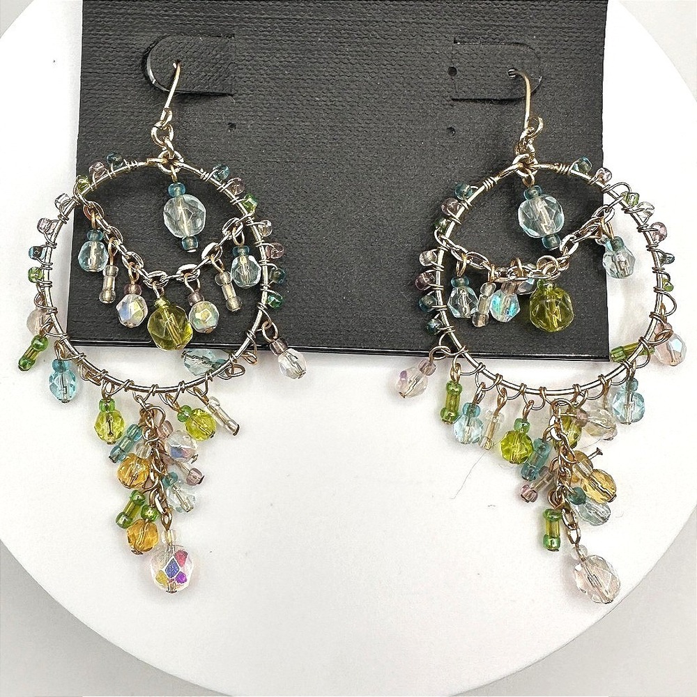 Vintage 80s Cookie Lee Gold‎ Tone Blue Green Chandelier Earrings Jewelry